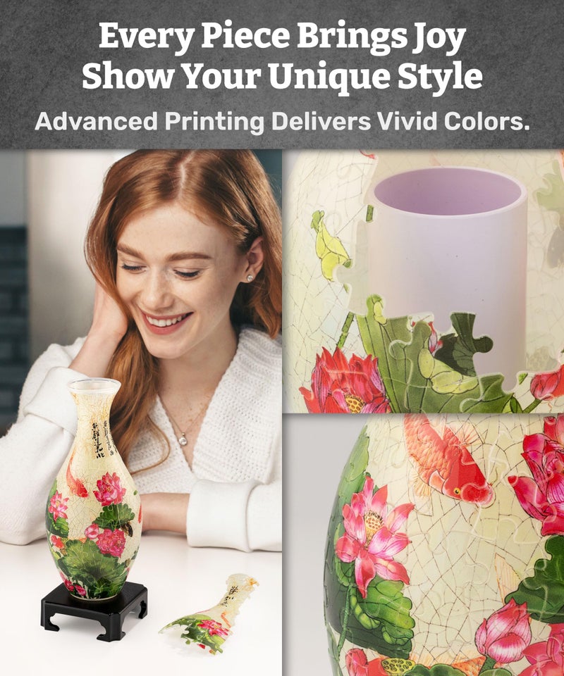 Pintoo 3D Puzzle Vase Unique Flower Vase Made by 160 Curved Plastic Puzzle Pieces House Warming Gift for Flower Arrangements and Home Decoration - [S1024] (Translucent, Carp with Lotus) - Image 3